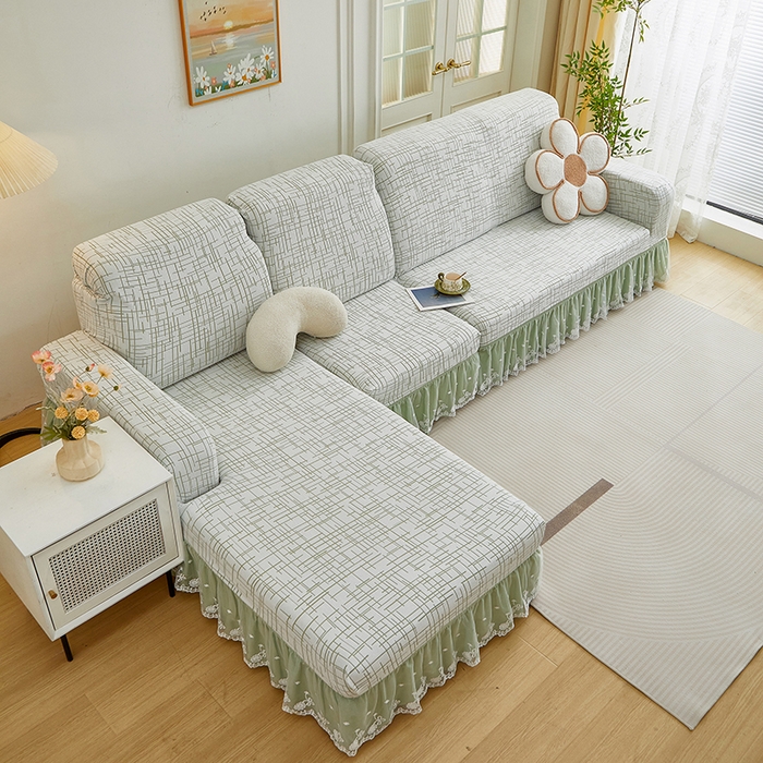 91家纺网 家纺一手货源 找家纺 丝绮鹿 2025新款极简系列-双层蕾丝裙边款沙发套 极简绿