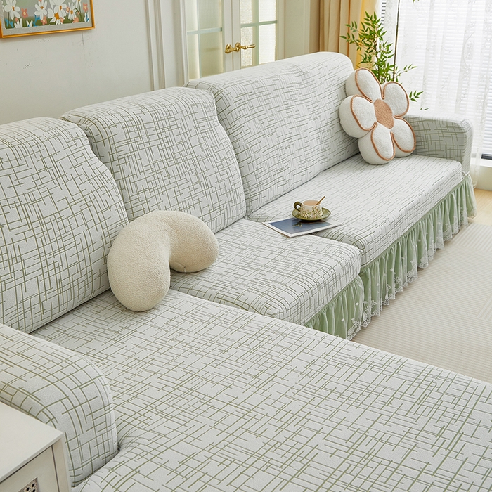 91家纺网 家纺一手货源 找家纺 丝绮鹿 2025新款极简系列-双层蕾丝裙边款沙发套 极简绿