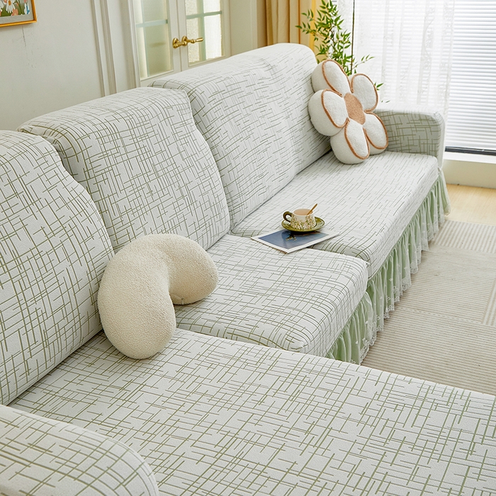 91家纺网 家纺一手货源 找家纺 丝绮鹿 2025新款极简系列-双层蕾丝裙边款沙发套 极简绿