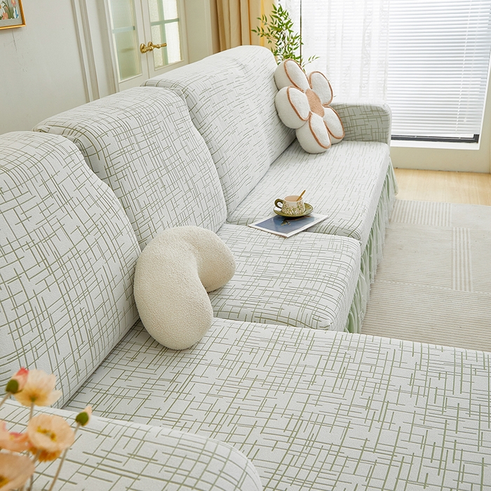 91家纺网 家纺一手货源 找家纺 丝绮鹿 2025新款极简系列-双层蕾丝裙边款沙发套 极简绿