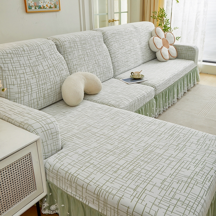 91家纺网 家纺一手货源 找家纺 丝绮鹿 2025新款极简系列-双层蕾丝裙边款沙发套 极简绿