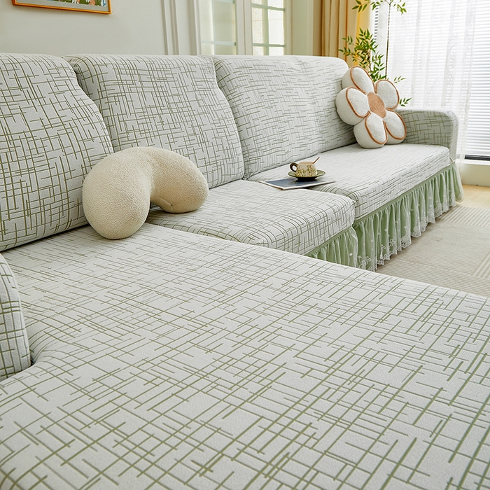 91家纺网 家纺一手货源 找家纺 丝绮鹿 2025新款极简系列-双层蕾丝裙边款沙发套 极简绿