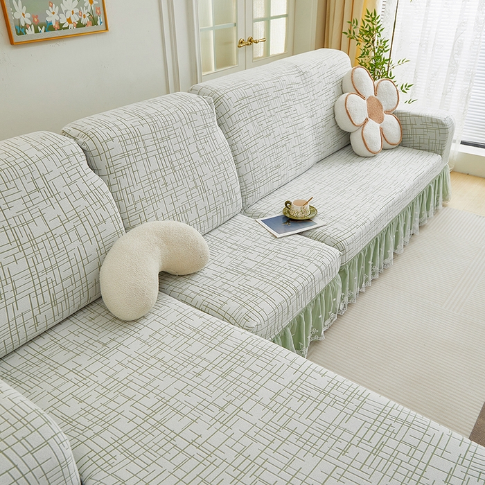 91家纺网 家纺一手货源 找家纺 丝绮鹿 2025新款极简系列-双层蕾丝裙边款沙发套 极简绿