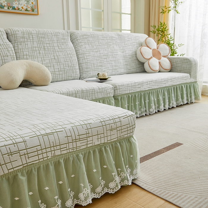91家纺网 家纺一手货源 找家纺 丝绮鹿 2025新款极简系列-双层蕾丝裙边款沙发套 极简绿