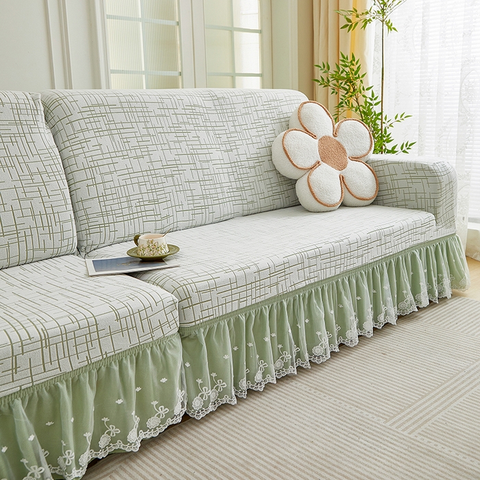 91家纺网 家纺一手货源 找家纺 丝绮鹿 2025新款极简系列-双层蕾丝裙边款沙发套 极简绿