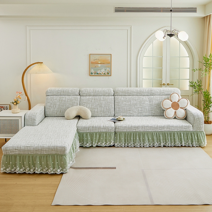 91家纺网 家纺一手货源 找家纺 丝绮鹿 2025新款极简系列-双层蕾丝裙边款沙发套 极简绿