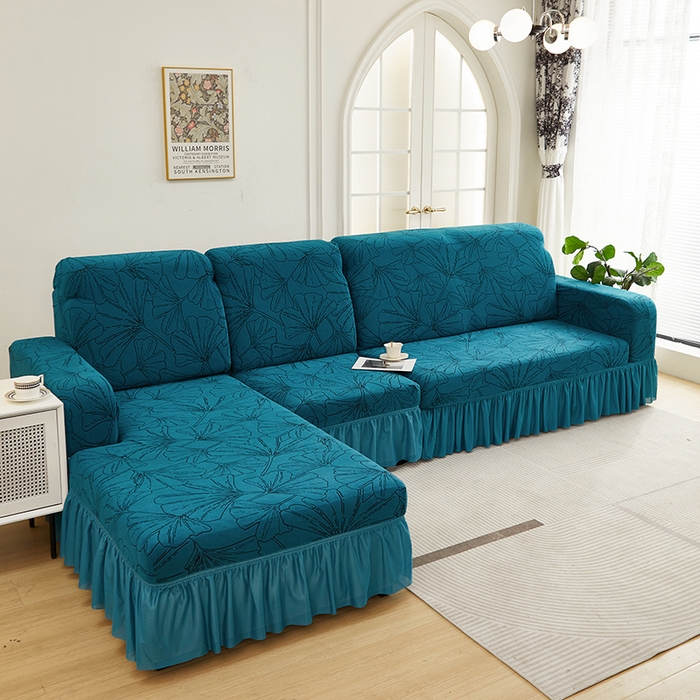 91家纺网 家纺一手货源 找家纺 丝绮鹿 2025新款银杏叶系列-沙发套裙边款（贵妃图） 黛蓝