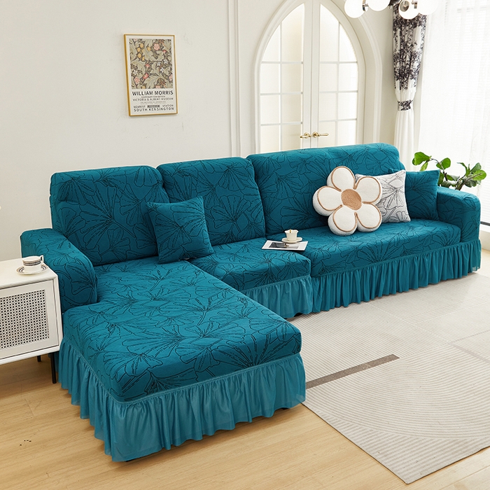 91家纺网 家纺一手货源 找家纺 丝绮鹿 2025新款银杏叶系列-沙发套裙边款（贵妃图） 黛蓝