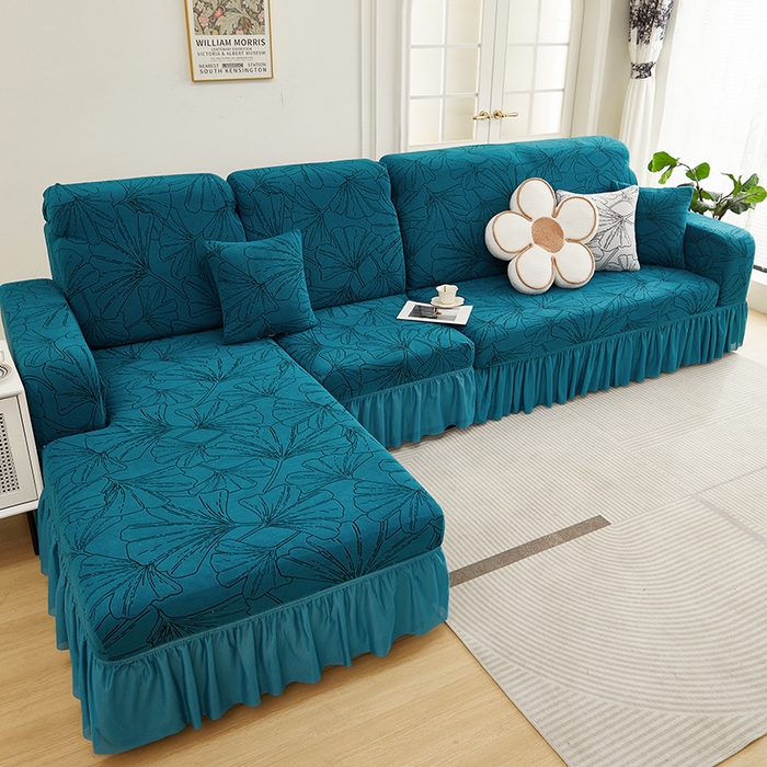 91家纺网 家纺一手货源 找家纺 丝绮鹿 2025新款银杏叶系列-沙发套裙边款（贵妃图） 黛蓝
