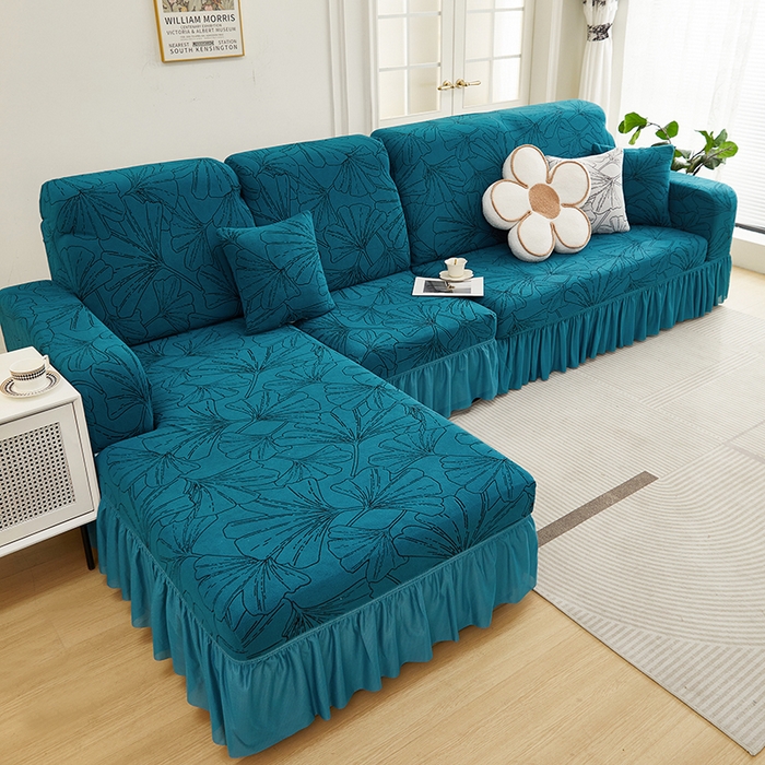 91家纺网 家纺一手货源 找家纺 丝绮鹿 2025新款银杏叶系列-沙发套裙边款（贵妃图） 黛蓝