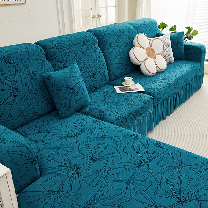 91家纺网 家纺一手货源 找家纺 丝绮鹿 2025新款银杏叶系列-沙发套裙边款（贵妃图） 黛蓝