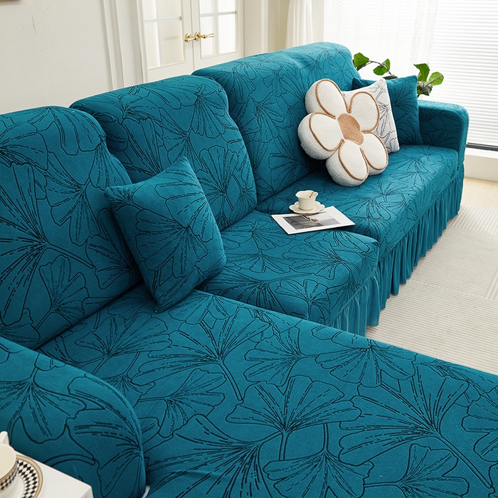 91家纺网 家纺一手货源 找家纺 丝绮鹿 2025新款银杏叶系列-沙发套裙边款（贵妃图） 黛蓝