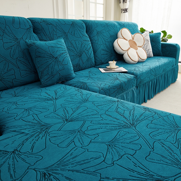 91家纺网 家纺一手货源 找家纺 丝绮鹿 2025新款银杏叶系列-沙发套裙边款（贵妃图） 黛蓝