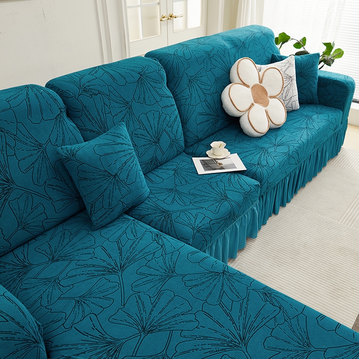 91家纺网 家纺一手货源 找家纺 丝绮鹿 2025新款银杏叶系列-沙发套裙边款（贵妃图） 黛蓝