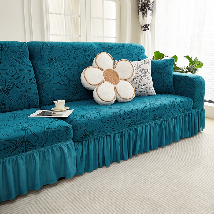 91家纺网 家纺一手货源 找家纺 丝绮鹿 2025新款银杏叶系列-沙发套裙边款（贵妃图） 黛蓝