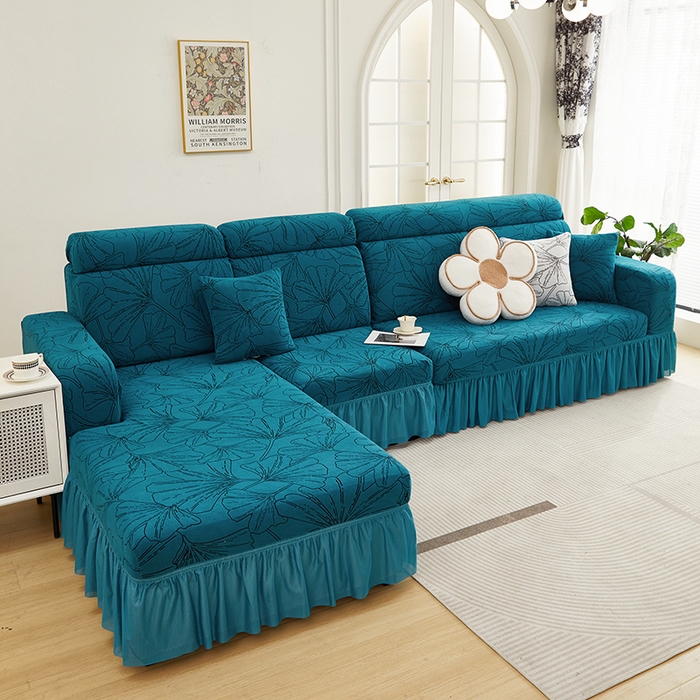 91家纺网 家纺一手货源 找家纺 丝绮鹿 2025新款银杏叶系列-沙发套裙边款（贵妃图） 黛蓝
