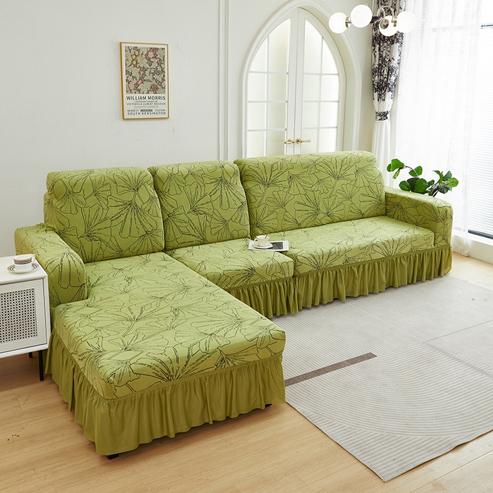91家纺网 家纺一手货源 找家纺 丝绮鹿 2025新款银杏叶系列-沙发套裙边款（贵妃图） 橄榄绿