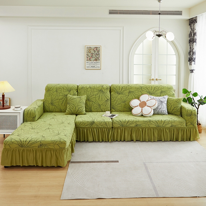 91家纺网 家纺一手货源 找家纺 丝绮鹿 2025新款银杏叶系列-沙发套裙边款（贵妃图） 橄榄绿