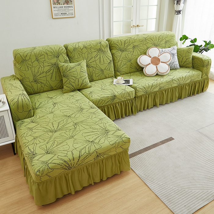 91家纺网 家纺一手货源 找家纺 丝绮鹿 2025新款银杏叶系列-沙发套裙边款（贵妃图） 橄榄绿