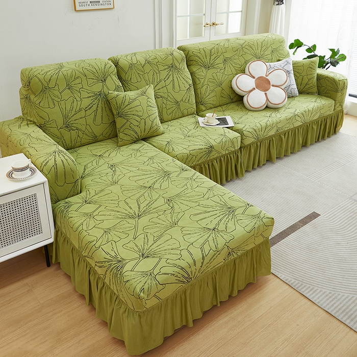 91家纺网 家纺一手货源 找家纺 丝绮鹿 2025新款银杏叶系列-沙发套裙边款（贵妃图） 橄榄绿