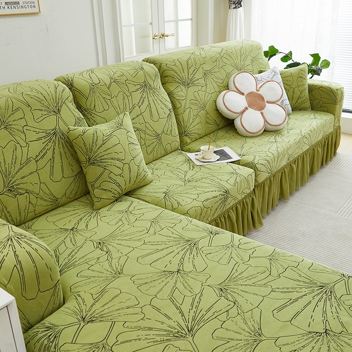 91家纺网 家纺一手货源 找家纺 丝绮鹿 2025新款银杏叶系列-沙发套裙边款（贵妃图） 橄榄绿