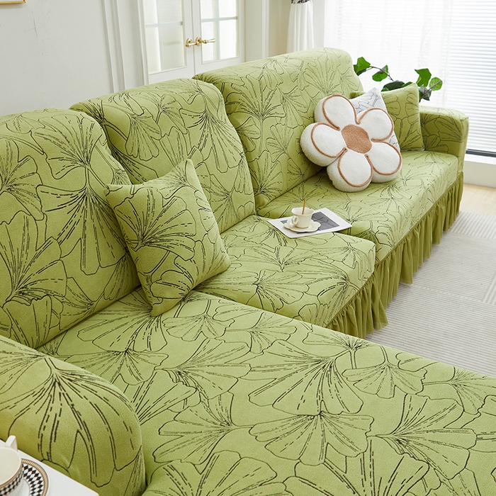 91家纺网 家纺一手货源 找家纺 丝绮鹿 2025新款银杏叶系列-沙发套裙边款（贵妃图） 橄榄绿