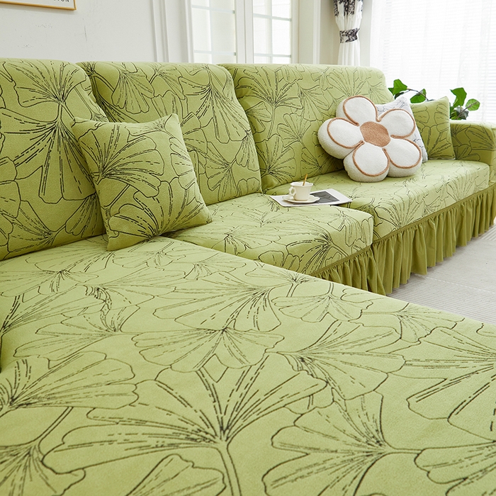 91家纺网 家纺一手货源 找家纺 丝绮鹿 2025新款银杏叶系列-沙发套裙边款（贵妃图） 橄榄绿