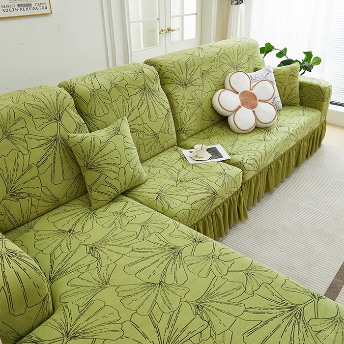 91家纺网 家纺一手货源 找家纺 丝绮鹿 2025新款银杏叶系列-沙发套裙边款（贵妃图） 橄榄绿