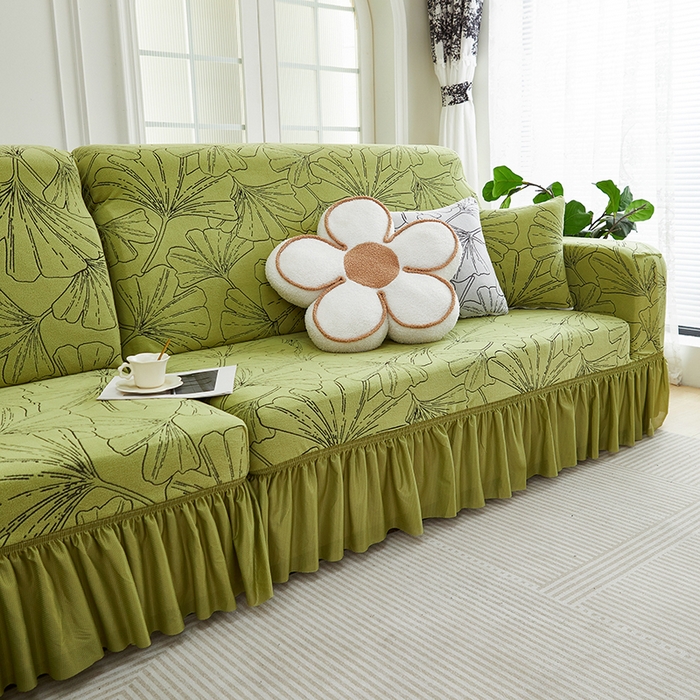 91家纺网 家纺一手货源 找家纺 丝绮鹿 2025新款银杏叶系列-沙发套裙边款（贵妃图） 橄榄绿