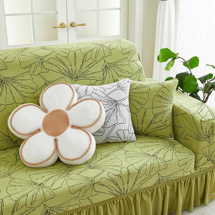 91家纺网 家纺一手货源 找家纺 丝绮鹿 2025新款银杏叶系列-沙发套裙边款（贵妃图） 橄榄绿