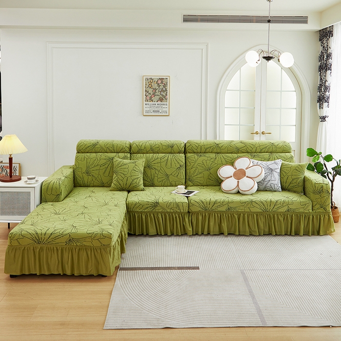 91家纺网 家纺一手货源 找家纺 丝绮鹿 2025新款银杏叶系列-沙发套裙边款（贵妃图） 橄榄绿