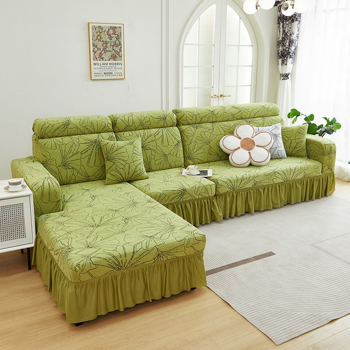 91家纺网 家纺一手货源 找家纺 丝绮鹿 2025新款银杏叶系列-沙发套裙边款（贵妃图） 橄榄绿