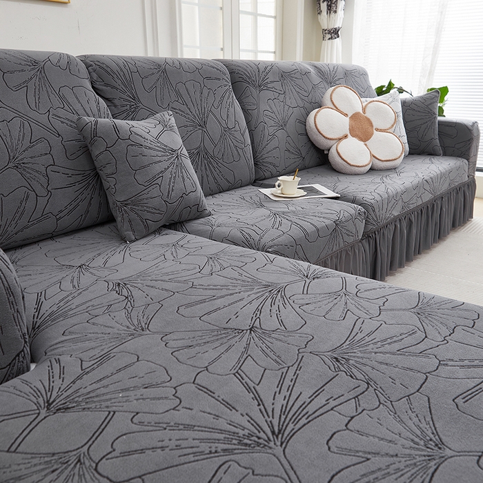 91家纺网 家纺一手货源 找家纺 丝绮鹿 2025新款银杏叶系列-沙发套裙边款（贵妃图） 绅士灰