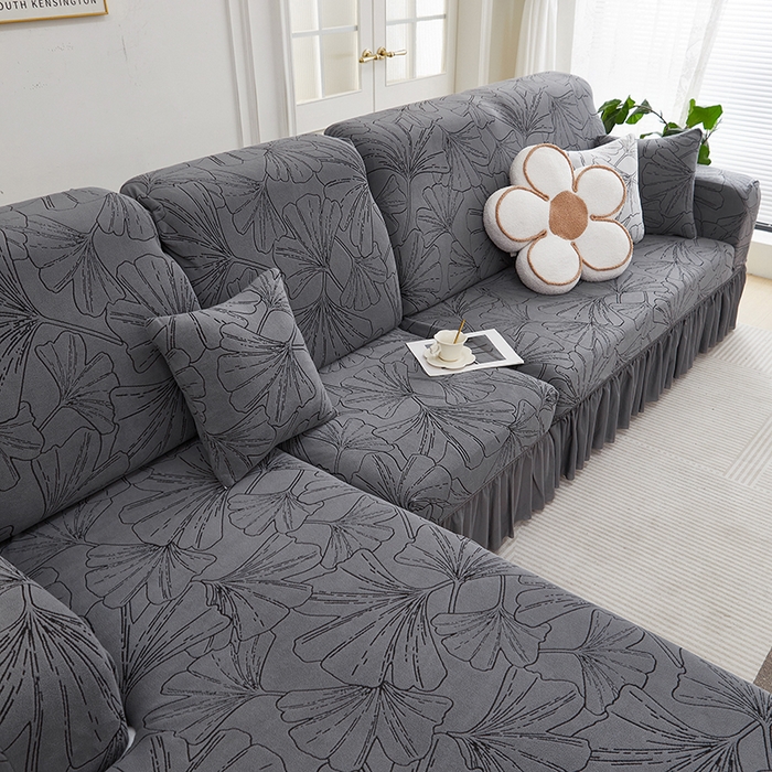 91家纺网 家纺一手货源 找家纺 丝绮鹿 2025新款银杏叶系列-沙发套裙边款（贵妃图） 绅士灰