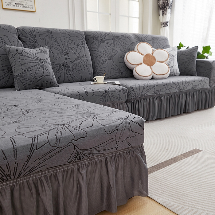 91家纺网 家纺一手货源 找家纺 丝绮鹿 2025新款银杏叶系列-沙发套裙边款（贵妃图） 绅士灰