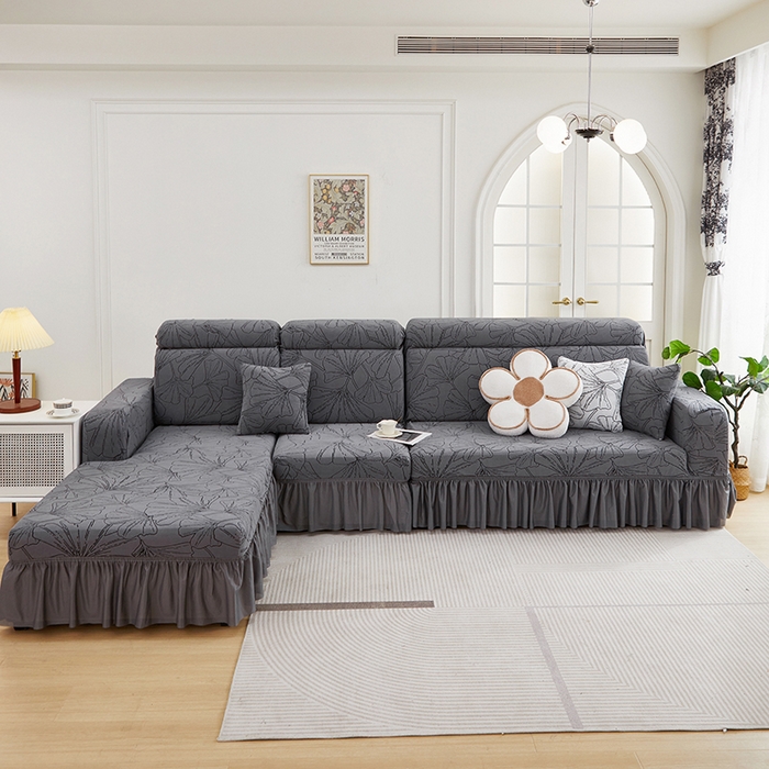 91家纺网 家纺一手货源 找家纺 丝绮鹿 2025新款银杏叶系列-沙发套裙边款（贵妃图） 绅士灰