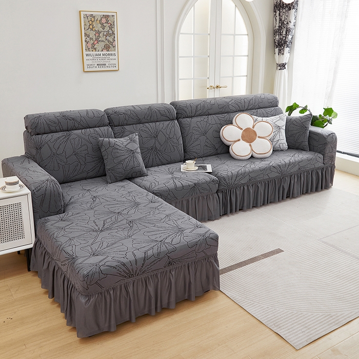 91家纺网 家纺一手货源 找家纺 丝绮鹿 2025新款银杏叶系列-沙发套裙边款（贵妃图） 绅士灰