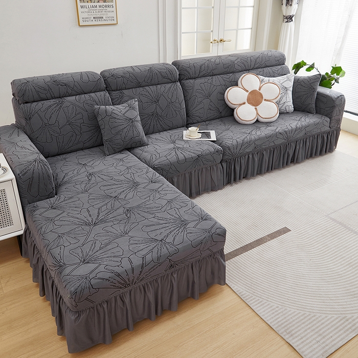 91家纺网 家纺一手货源 找家纺 丝绮鹿 2025新款银杏叶系列-沙发套裙边款（贵妃图） 绅士灰