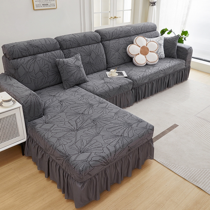 91家纺网 家纺一手货源 找家纺 丝绮鹿 2025新款银杏叶系列-沙发套裙边款（贵妃图） 绅士灰