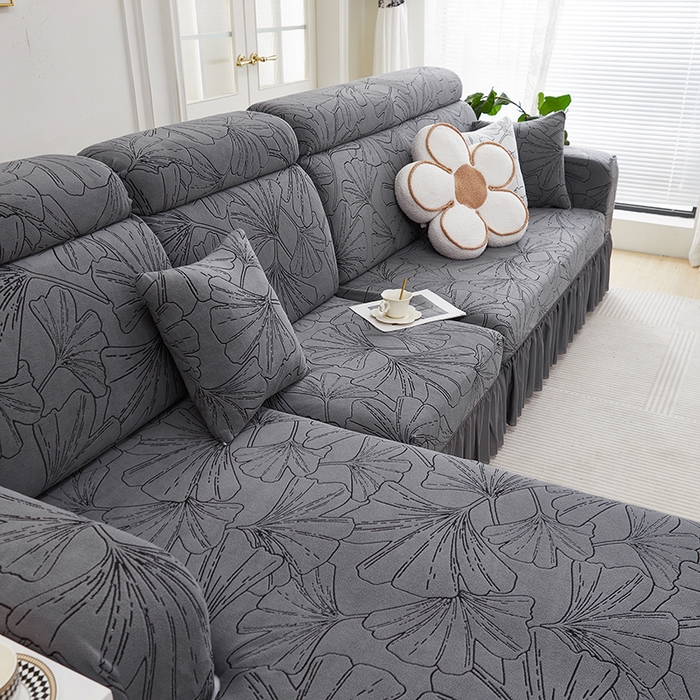 91家纺网 家纺一手货源 找家纺 丝绮鹿 2025新款银杏叶系列-沙发套裙边款（贵妃图） 绅士灰