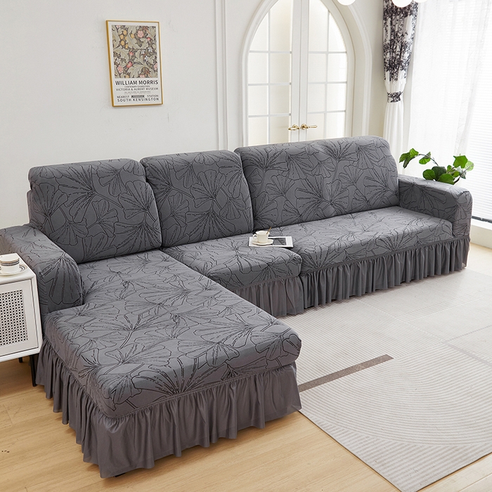 91家纺网 家纺一手货源 找家纺 丝绮鹿 2025新款银杏叶系列-沙发套裙边款（贵妃图） 绅士灰