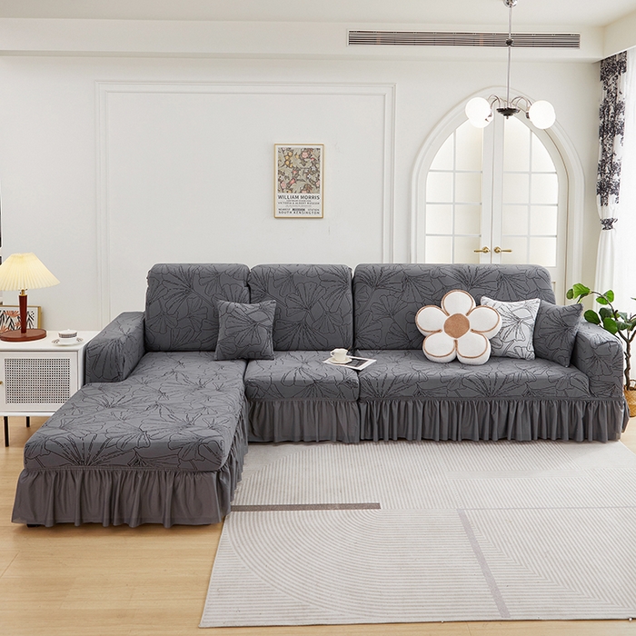 91家纺网 家纺一手货源 找家纺 丝绮鹿 2025新款银杏叶系列-沙发套裙边款（贵妃图） 绅士灰