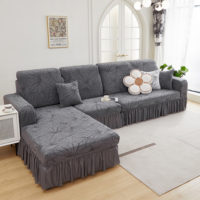 91家纺网 家纺一手货源 找家纺 丝绮鹿 2025新款银杏叶系列-沙发套裙边款（贵妃图） 绅士灰