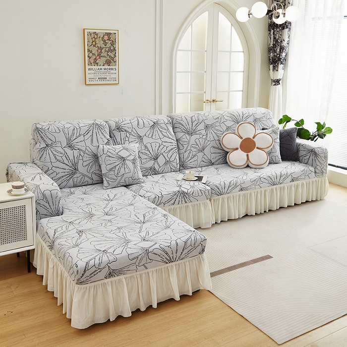 91家纺网 家纺一手货源 找家纺 丝绮鹿 2025新款银杏叶系列-沙发套裙边款（贵妃图） 象牙白