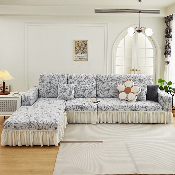 91家纺网 家纺一手货源 找家纺 丝绮鹿 2025新款银杏叶系列-沙发套裙边款（贵妃图） 象牙白