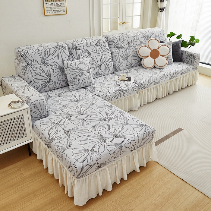 91家纺网 家纺一手货源 找家纺 丝绮鹿 2025新款银杏叶系列-沙发套裙边款（贵妃图） 象牙白