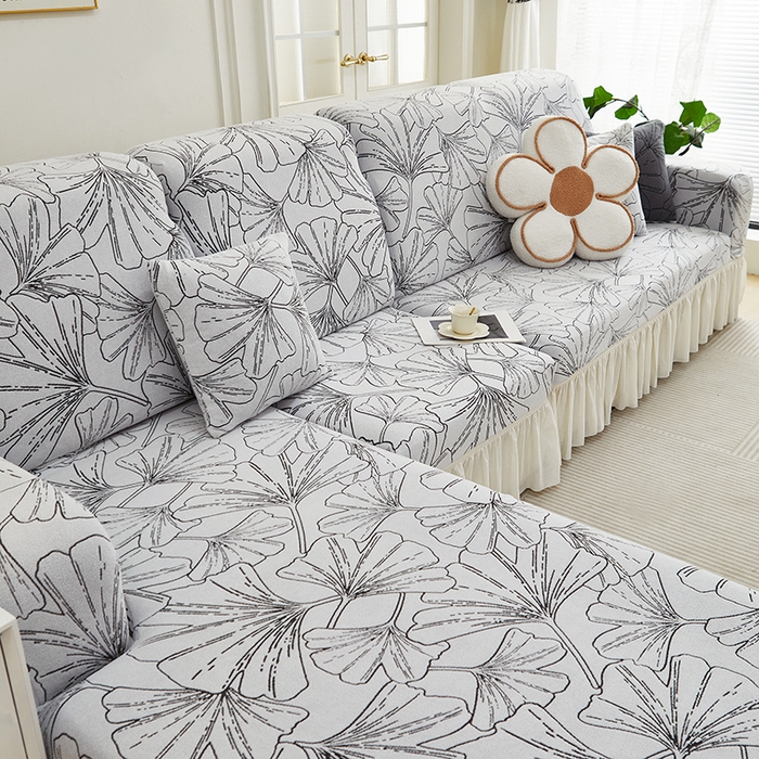 91家纺网 家纺一手货源 找家纺 丝绮鹿 2025新款银杏叶系列-沙发套裙边款（贵妃图） 象牙白