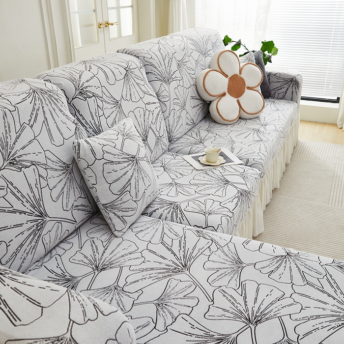 91家纺网 家纺一手货源 找家纺 丝绮鹿 2025新款银杏叶系列-沙发套裙边款（贵妃图） 象牙白