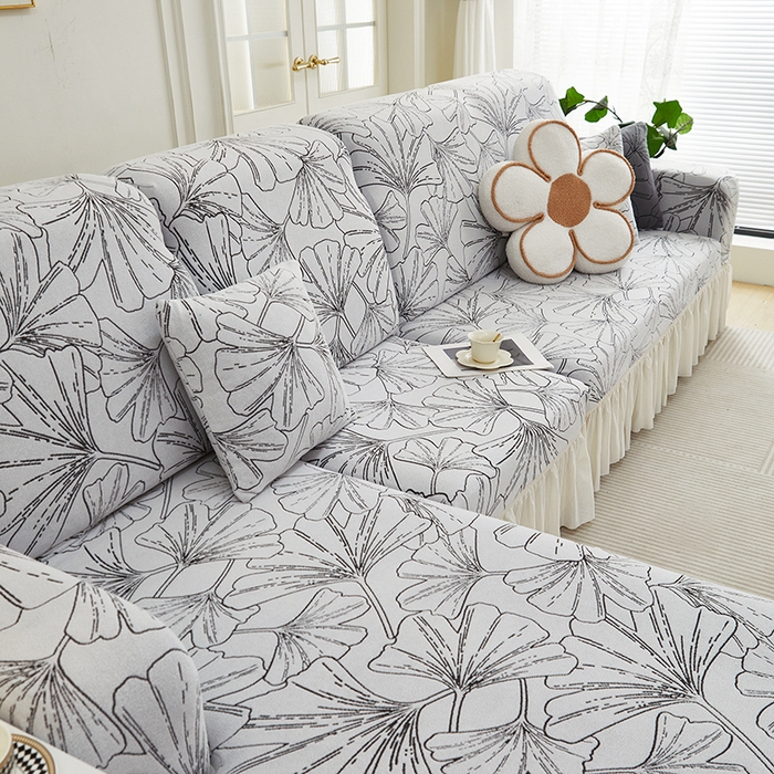 91家纺网 家纺一手货源 找家纺 丝绮鹿 2025新款银杏叶系列-沙发套裙边款（贵妃图） 象牙白