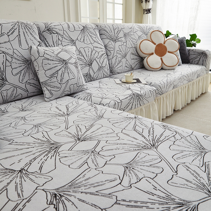 91家纺网 家纺一手货源 找家纺 丝绮鹿 2025新款银杏叶系列-沙发套裙边款（贵妃图） 象牙白